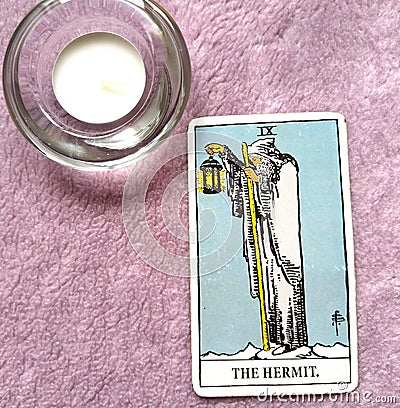 The Hermit Tarot Card Reflection Surrender Stand Outside the picture Stock Photo