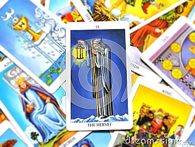 The Hermit Tarot Card Reflection Listening to yourself Meditation Counselling Stock Photo