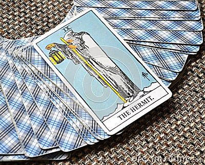 The Hermit Tarot Card Reflection Listening to yourself Meditation Counselling Stock Photo