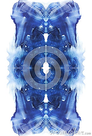 Card of rorschach inkblot test. Abstraction symmetric vertical background. Blue watercolor picture. Stock Photo