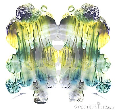 Card of rorschach inkblot test. Fine abstract symmetric watercolor painting. Yellow, green, blue and gray paint. Freehand Drawing Stock Photo