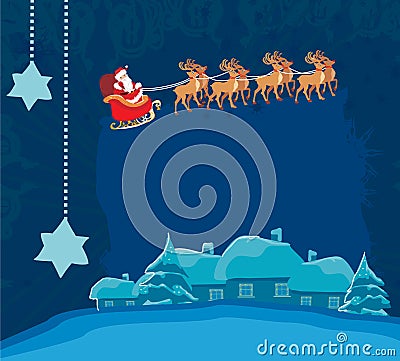 card with Santa Claus and winter landscape Vector Illustration