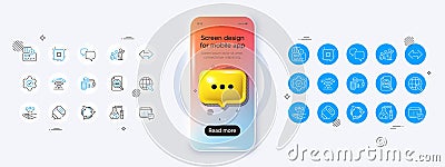 Card, Seo file and Execute line icons. For web app, printing. Phone mockup with 3d chat icon. Vector Vector Illustration