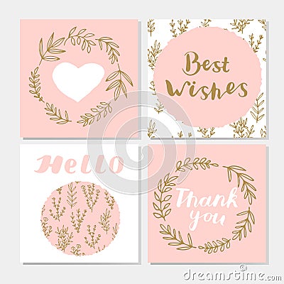 Set of cute postcards with hand lettering, laurel wreaths, branches, leaves, heart. Vector Illustration