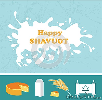 Card for Shavuot Jewish holiday with a splash of milk. Cartoon Illustration