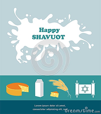 Card for Shavuot Jewish holiday with a splash of milk. Cartoon Illustration