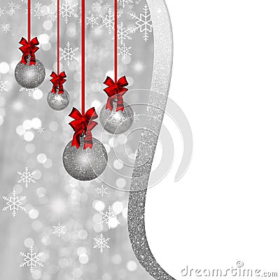 Card with silver Christmas baubles and red decorations Stock Photo