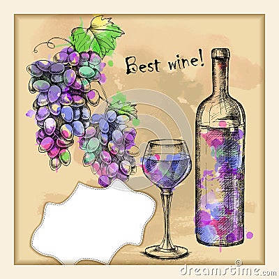 Card with sketch grapes, wine Vector Illustration