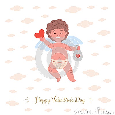 Card with smiling cupid character holding valentine Vector Illustration
