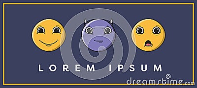 Card with smiling, devil, sad emoji and text lorem ipsum Vector Illustration