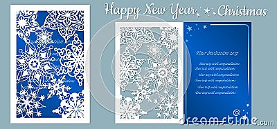 Card with snowflakes. Text - happy New Year. Vector illustration. Laser cut template. Metal, paper or wood carving pattern. Blue. Vector Illustration