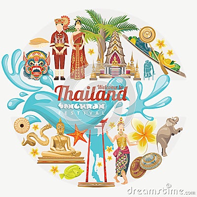 Card of Songkran Festival in Thailand. Thai holidays. Vector Illustration