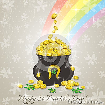 Card for St. Patricks Day, pot with golden coins Vector Illustration
