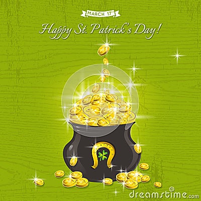 Card for St. Patricks Day with text and pot with golden coins Vector Illustration