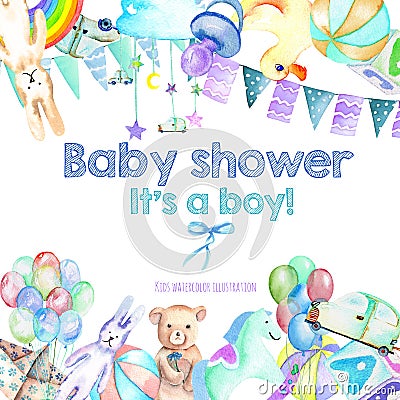 Card template, frame border with baby boy shower watercolor elements toys, cars, rainbow, nipple, festive flags and other Stock Photo