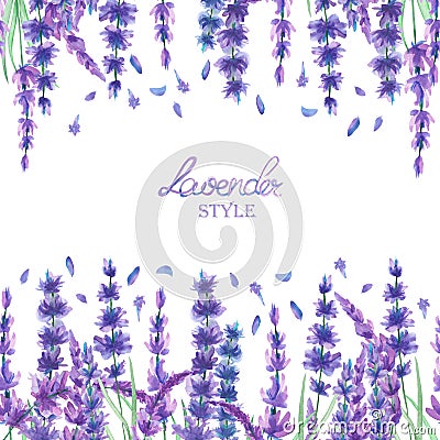 A card template, frame border with the watercolor lavender flowers, wedding invitation Stock Photo