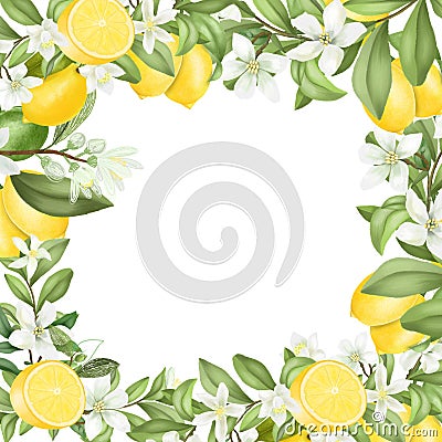 Card template, frame of hand drawn blooming lemon tree branches Stock Photo