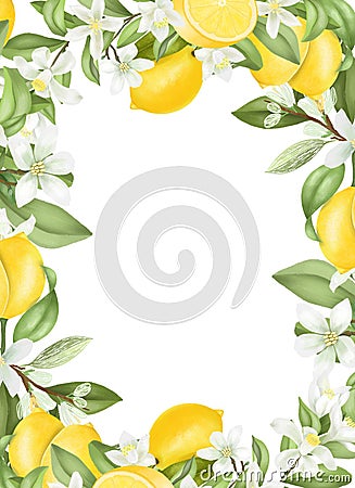 Card template, frame of hand drawn blooming lemon tree branches Stock Photo