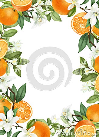 Card template, frame of hand drawn blooming oranges tree branches, flowers and oranges Stock Photo