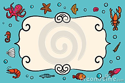 Card template. Marine theme. Blue card with lobster, shrimps snails, sea cabbage and anchor. Hand-drawn illustration on Vector Illustration