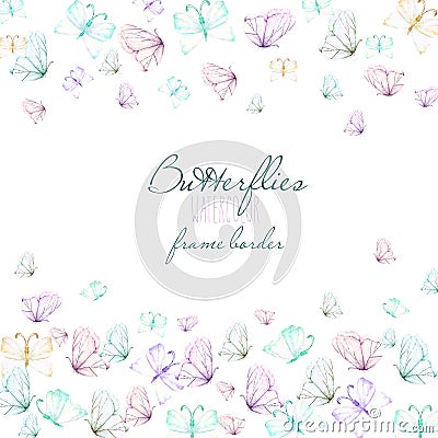 Card template, postcard with watercolor tender butterflies, hand drawn on a white background Stock Photo