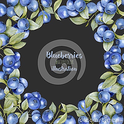 Card template with watercolor blueberries branches, frame border background Stock Photo