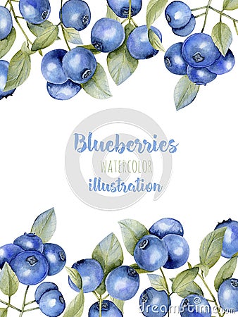 Card template with watercolor blueberries branches, frame border background Stock Photo