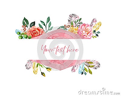 Watercolor floral banner with hand painted pink and red flowers and green leaf on white background. Bohemian card Stock Photo