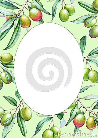 Card template with watercolor olive tree branches with olives an Stock Photo