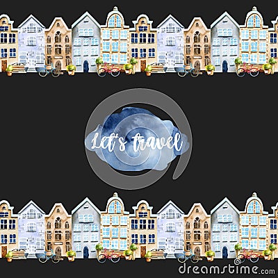 Card template with watercolor scandinavian houses street Stock Photo