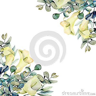 Card template with watercolor white callas flowers and eucalyptus branches Stock Photo