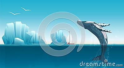 Card template with whale jumping under the blue ocean surface near icebergs. Winter arctic vector illustration. Iceland. Vector Illustration