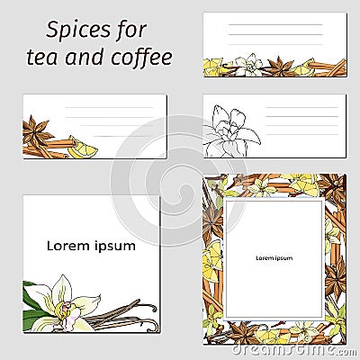 Card templates set with spices: cinnamon, anise, vanilla. Vector illustration of the design of the corporate identity of cafes, Vector Illustration