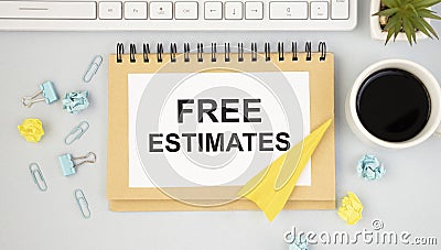 Card with text FREE ESTIMATES. Diagram and blue Stock Photo