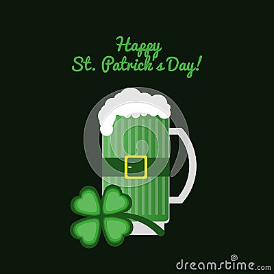 Card with the text Happy St. Patrick`s Day! Mug Ale with clover on a dark background. Vector Illustration