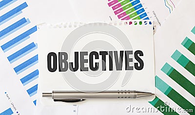 Card with text OBJECTIVES. Diagram and white background Stock Photo