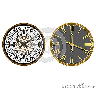 Card with two clock faces. Big Ben tower clock face and Moscow`s Kremlin clock face. Vector illustration. Vector Illustration