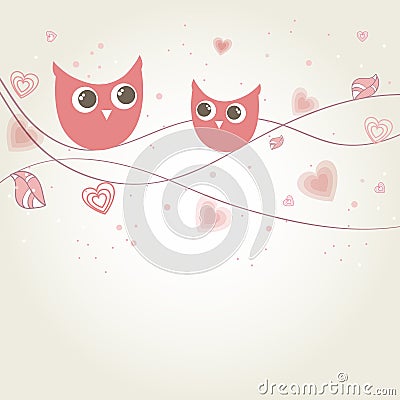 Card with two cute owls on the tree branch Stock Photo