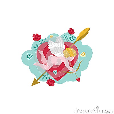 Card for Valentine`s Day. Cupid with a bow. Heart with an arrow. Roses with thorns. Vector illustration Vector Illustration