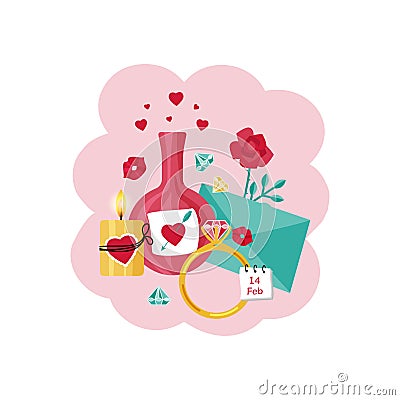 Card for Valentine`s Day. A love potion, a love letter, a candle, crystals, a rose and a wedding ring. Vector Illustration