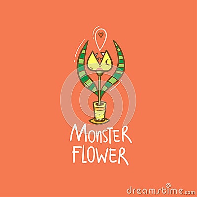 Card with Venus flytrap. Comic drawing of predatory flower. Vector doodle colorful image. Vector Illustration