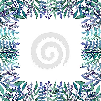 Card With Watercolor Green And Blue Foliage, Berriea and Herbs Stock Photo