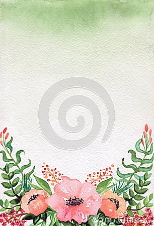 Card with Watercolor Pink Flowers and Berries Stock Photo