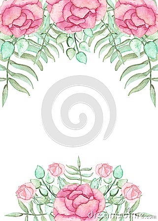 Card With Watercolor Pink Roses And Ferns Stock Photo