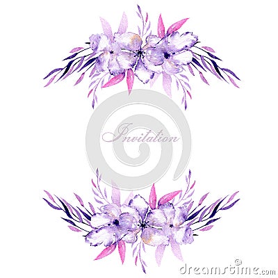 Card with watercolor purple rhododendron flowers and herbs bouquets, hand drawn on a white background Stock Photo