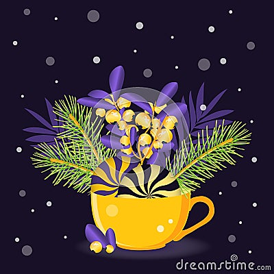 Modern New Year card featuring a yellow cup that has fir branches, Vector Illustration