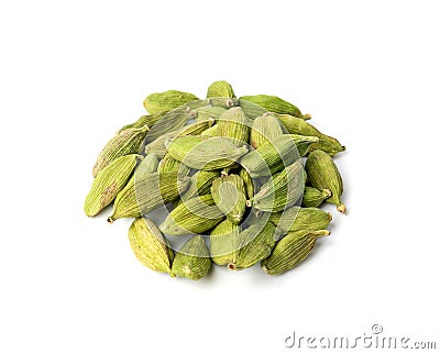 Cardamom Isolated, Green Cardamon Seeds, Dry Kardamon, Cardamum Spice , Genera Elettaria Beans Stock Photo