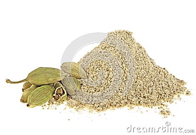 Cardamom powder and pods on white background Stock Photo
