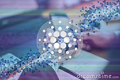 Cardano, ADA cryptocurrency sign. Business person, trader, investor, analyst using mobile phone app analytics to analyze Editorial Stock Photo