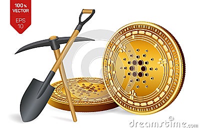 Cardano mining concept. 3D isometric Physical bit coin with pickaxe and shovel. Digital currency. Cryptocurrency. Golden Cardano c Cartoon Illustration